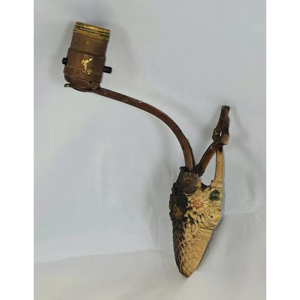 Vintage Cast Metal Flower Basket Wall Sconce Lamp Floral Cottage Victorian Chic